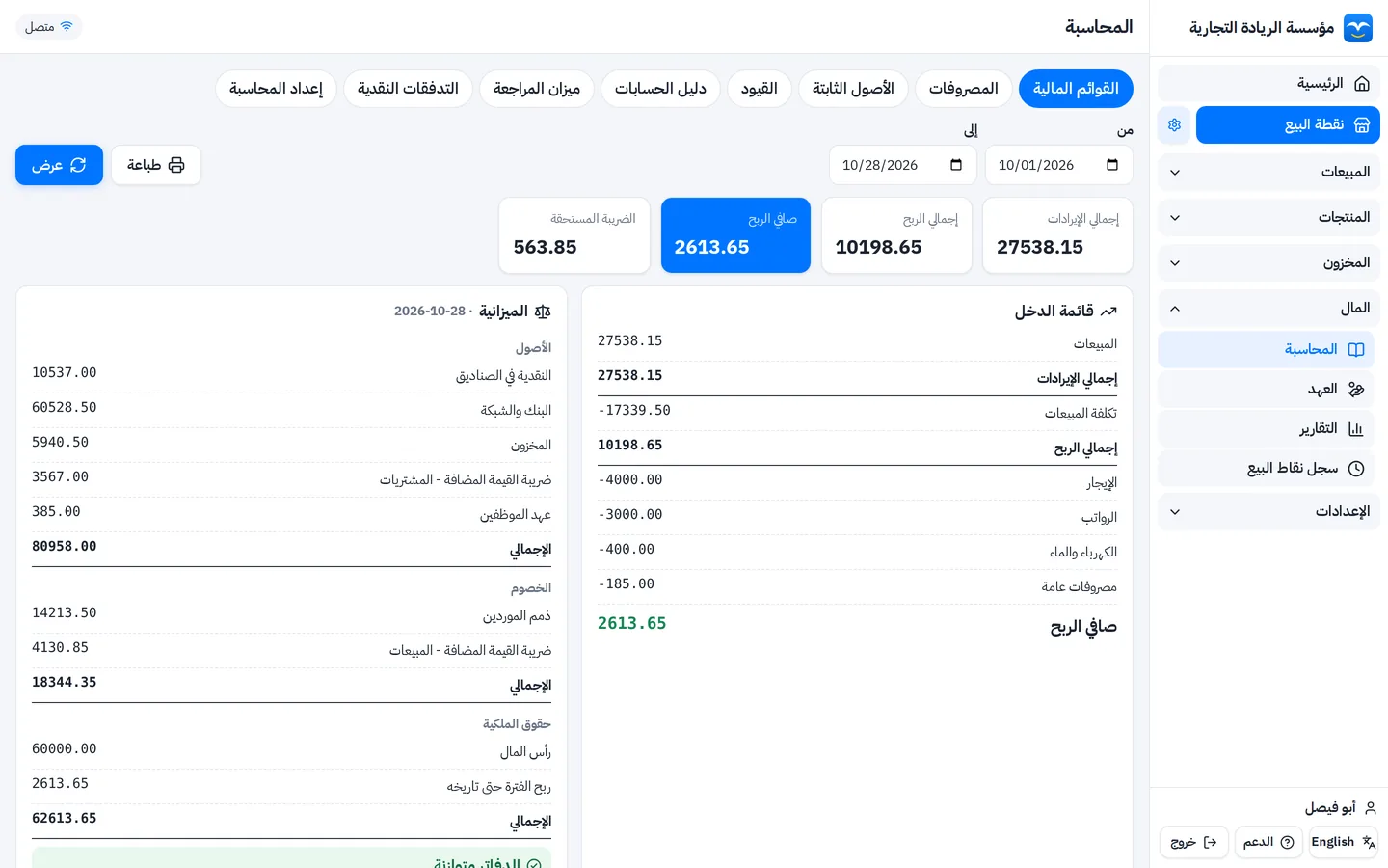 قائمة الدخل والميزانية في برنامج كاشير ومحاسبة: المبيعات وتكلفة المبيعات والمصروفات وصافي الربح