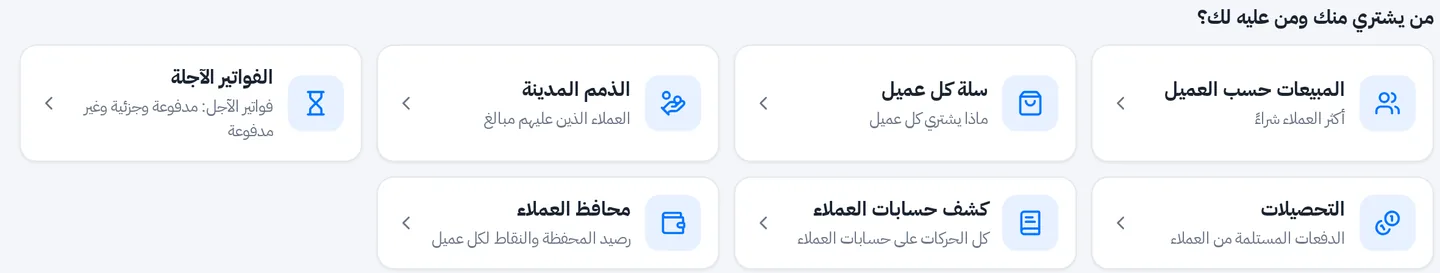 تقارير العملاء: المبيعات حسب العميل وسلة كل عميل والذمم المدينة والفواتير الآجلة والتحصيلات ومحافظ العملاء