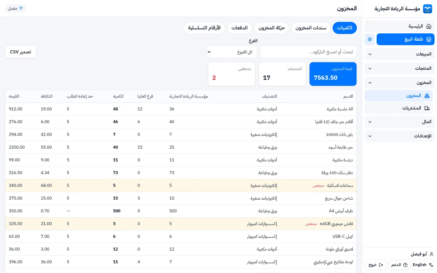 شاشة كميات المخزون في برنامج المخزون: كمية كل صنف في كل فرع وحد إعادة الطلب والتكلفة وقيمة المخزون