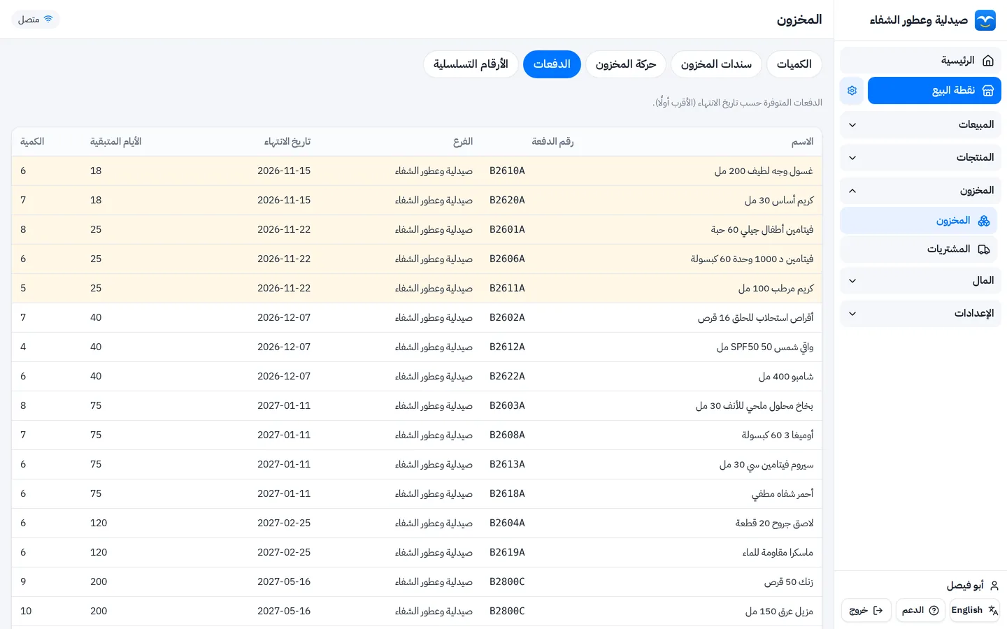 دفعات المخزون في الصيدلية مرتبة حسب تاريخ الانتهاء مع الأيام المتبقية وتمييز اللي ينتهي خلال 30 يوم